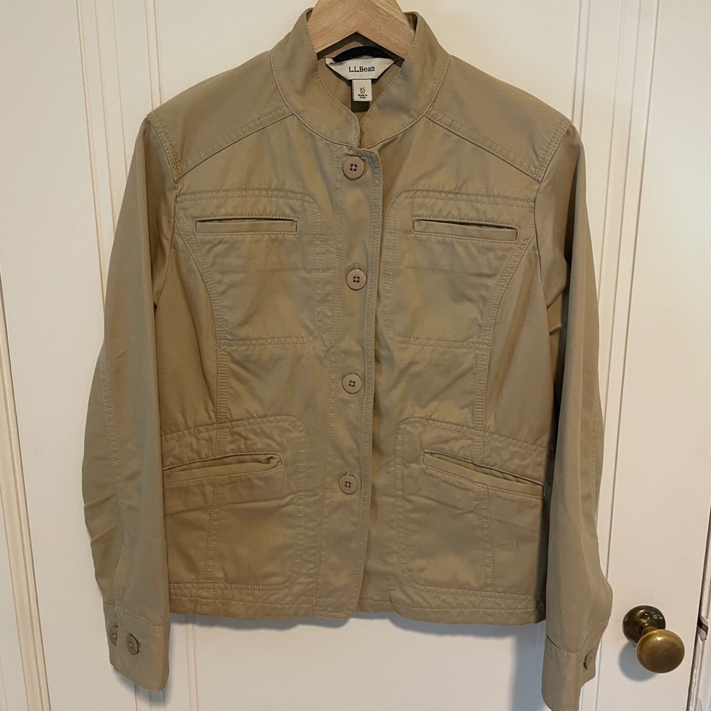 LL Bean Vintage Twill Khaki Pima Cotton Utility Jacket Mock Neck XS Petite
